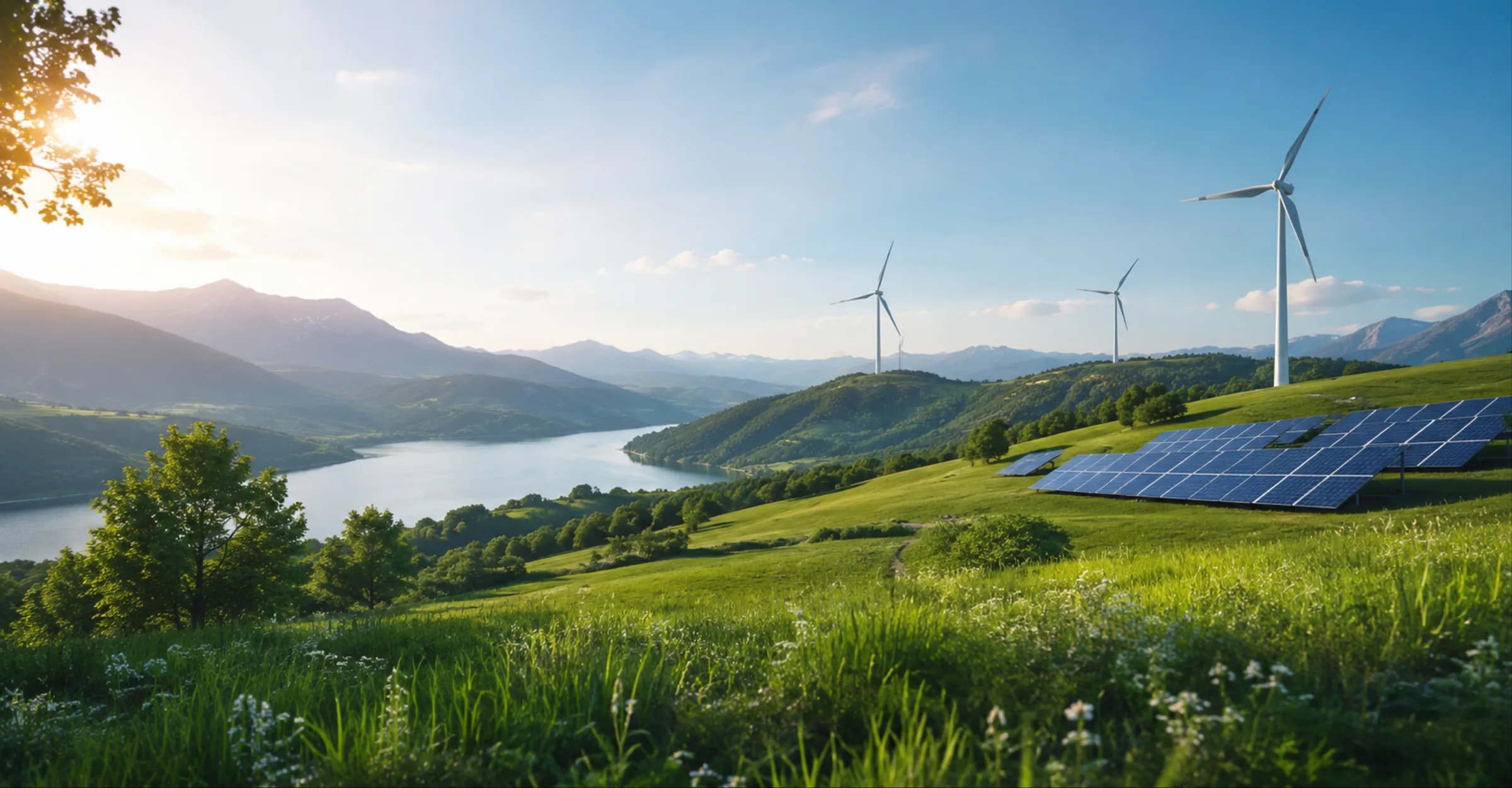Wind turbines and solar panels in a green mountain landscape