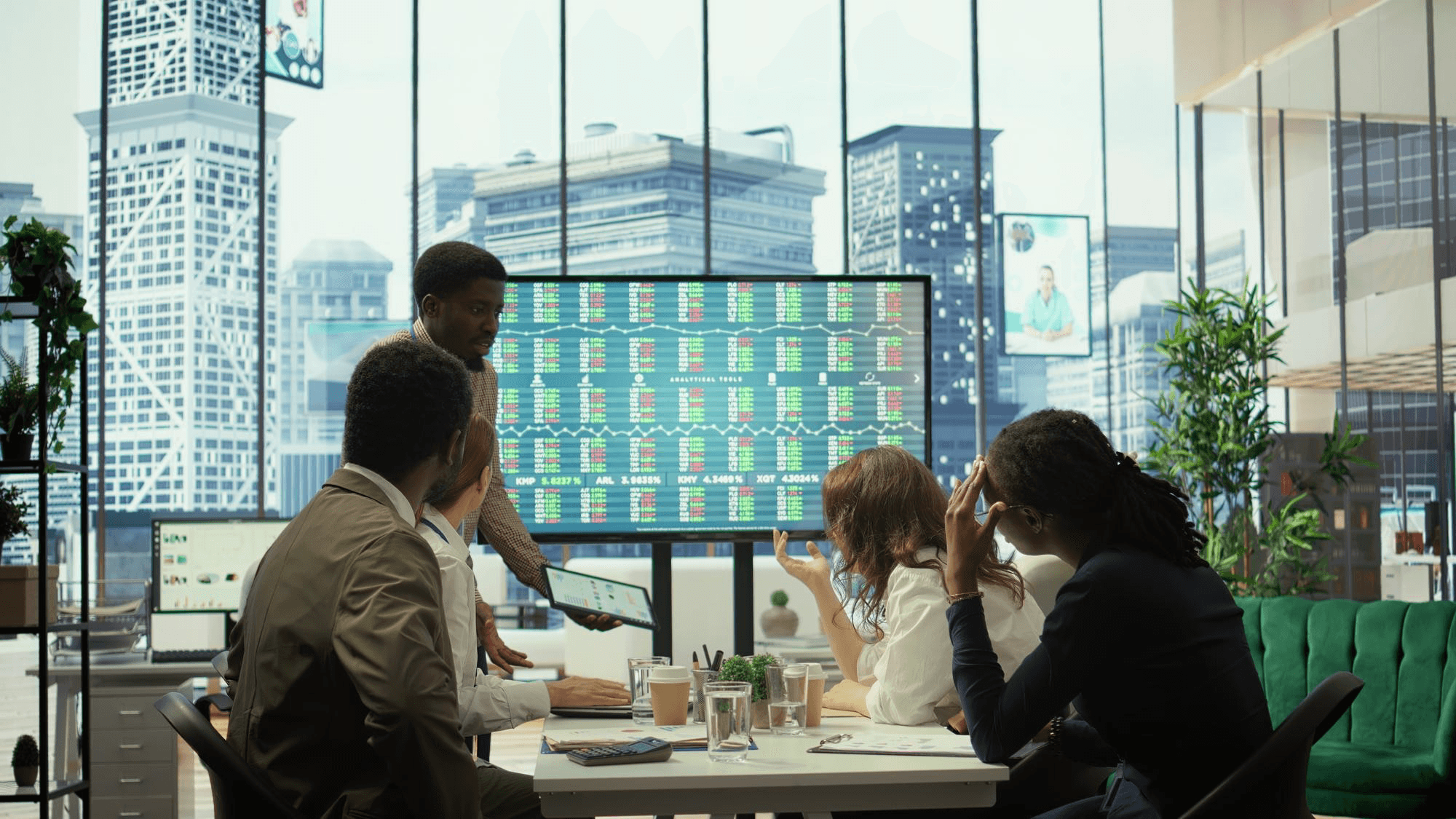 A team working in a financial trading office
