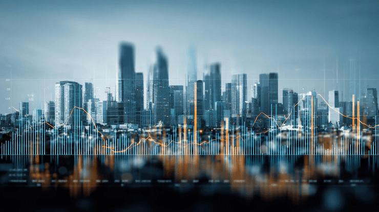 A city skyline overlaid with financial market charts