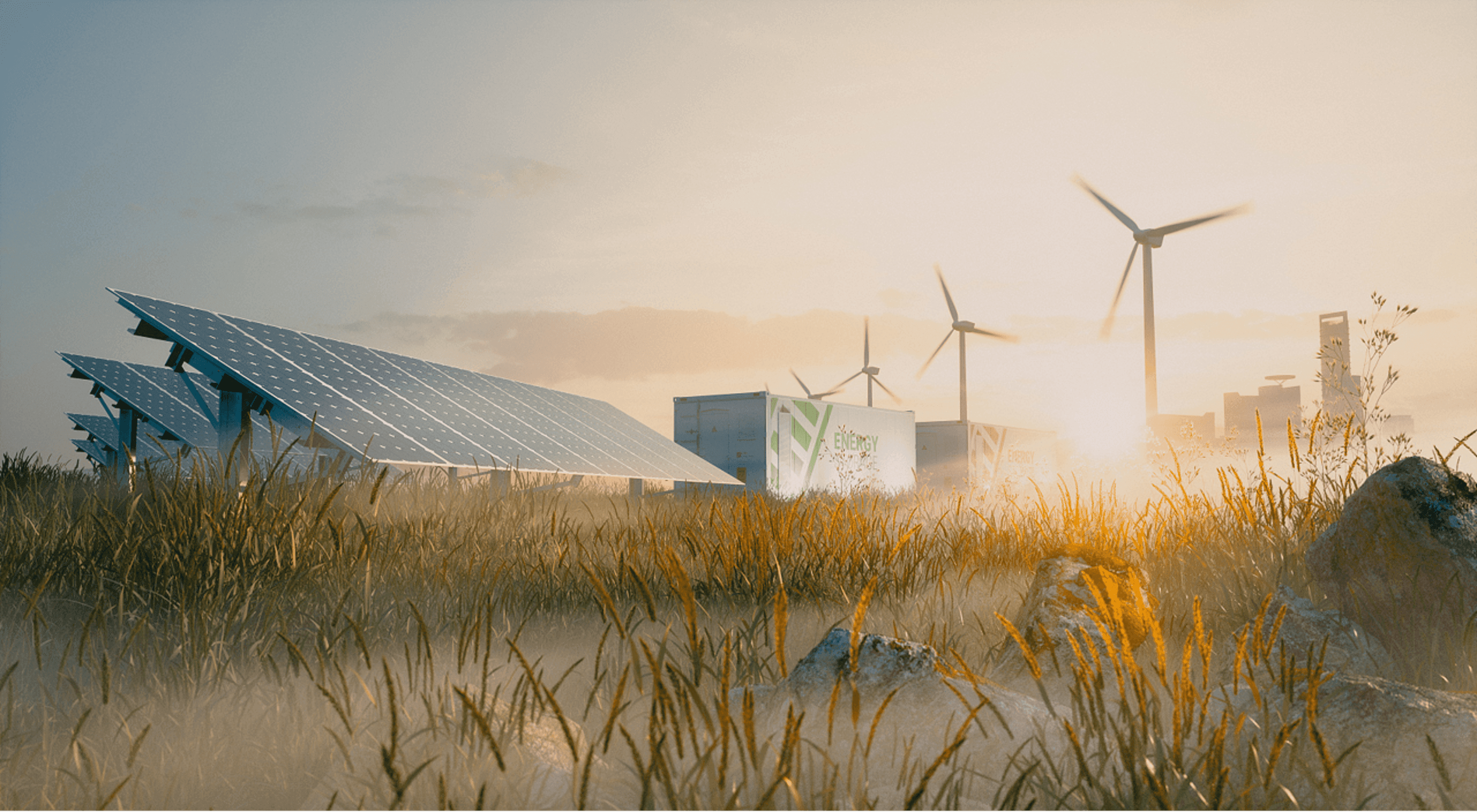 A large solar power installation at sunset