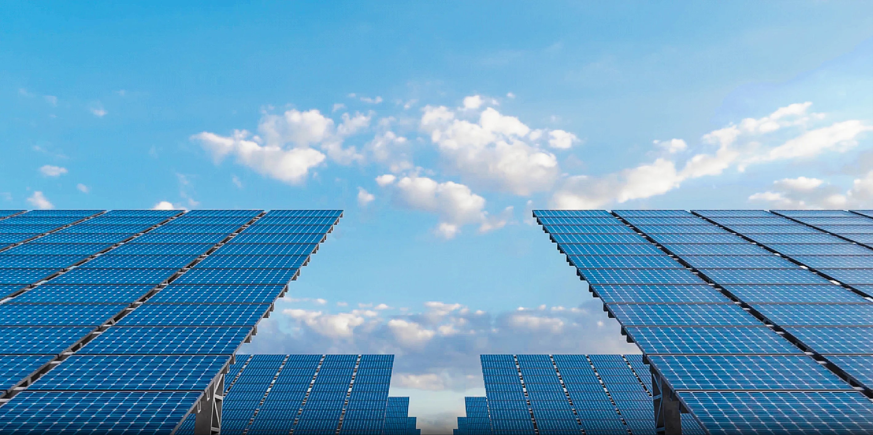 Solar panels under a bright blue sky