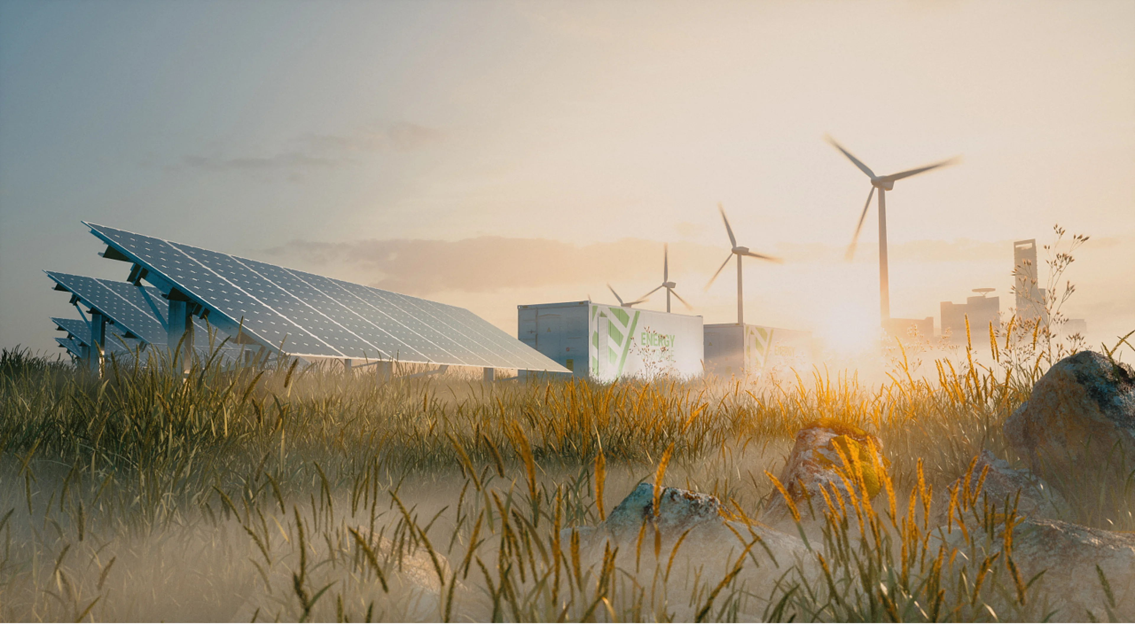 Solar panels and wind turbines in a green landscape
