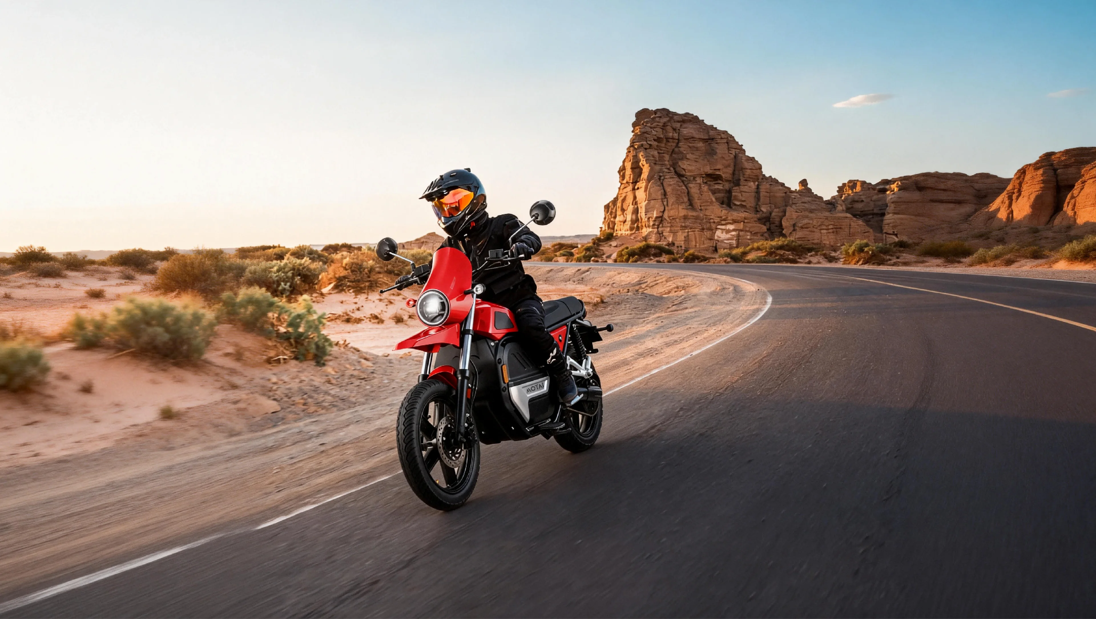 MOTAI rider crossing a desert landscape